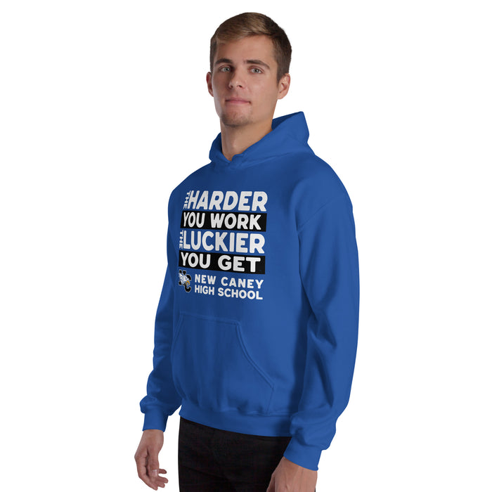 Man wearing New Caney High School Eagles Royal Blue Classic Unisex Hoodie 238