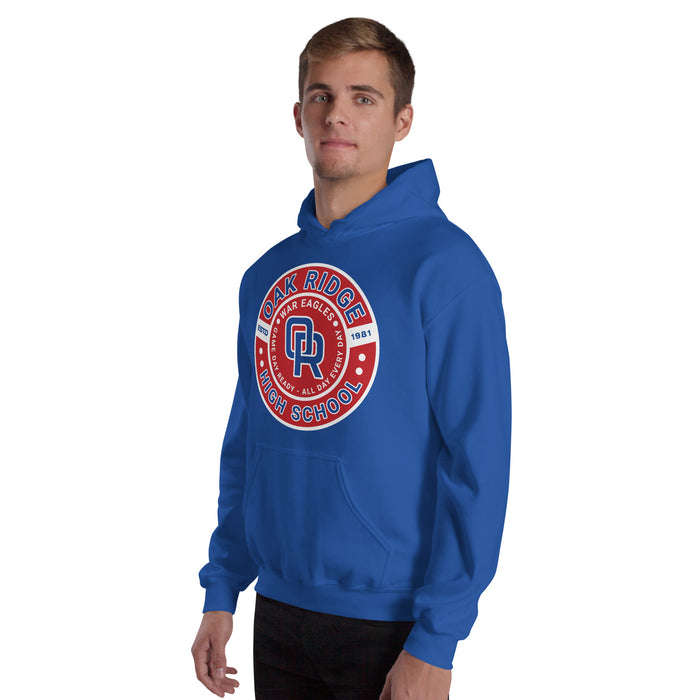 Man wearing Oak Ridge High School War Eagles Royal Blue Classic Unisex Hoodie 239