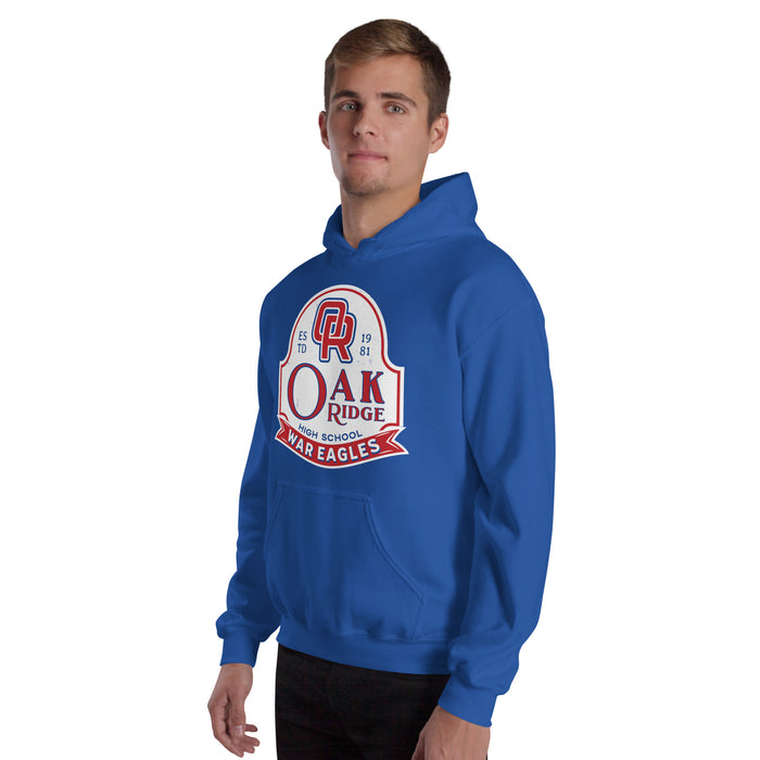 Man wearing Oak Ridge High School War Eagles Royal Blue Classic Unisex Hoodie 219