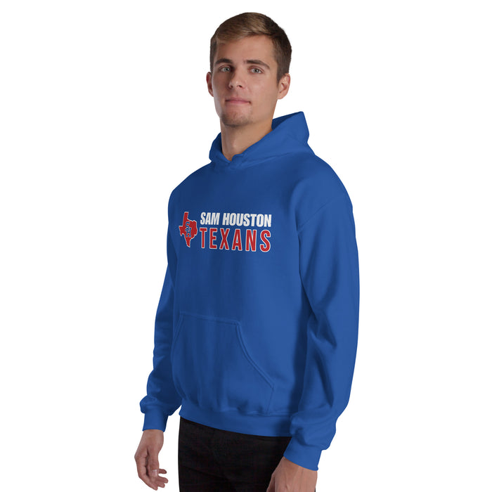 Man wearing Sam Houston High School Texans Royal Blue Classic Unisex Hoodie 200