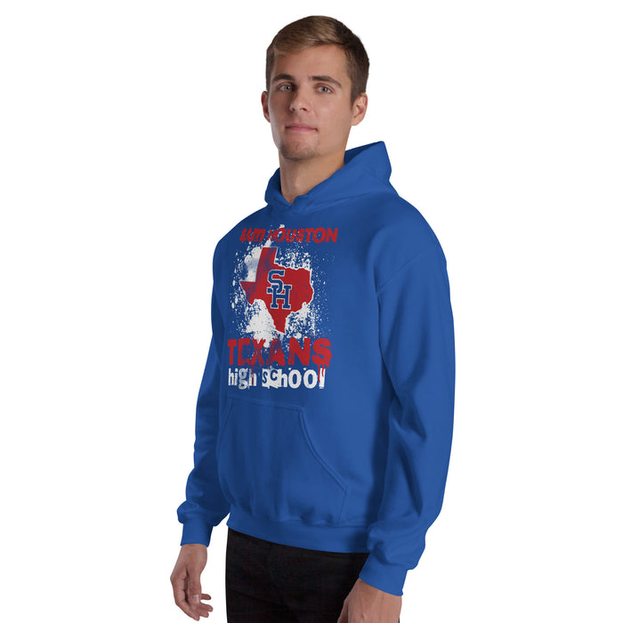 Man wearing Sam Houston High School Texans Royal Blue Classic Unisex Hoodie 205
