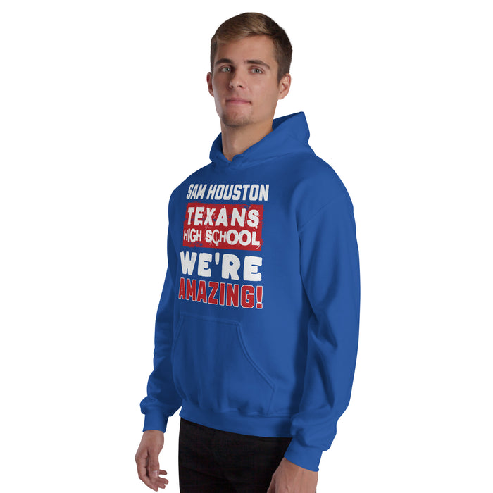 Man wearing Sam Houston High School Texans Royal Blue Classic Unisex Hoodie 231
