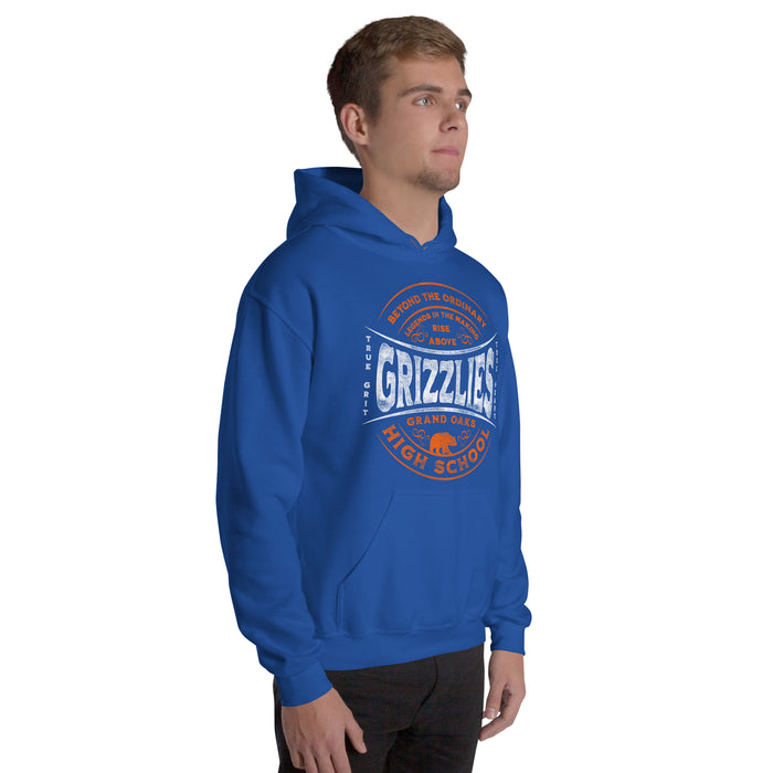 Man wearing a Grand Oaks High School Grizzlies Royal Classic Unisex Hoodie 10