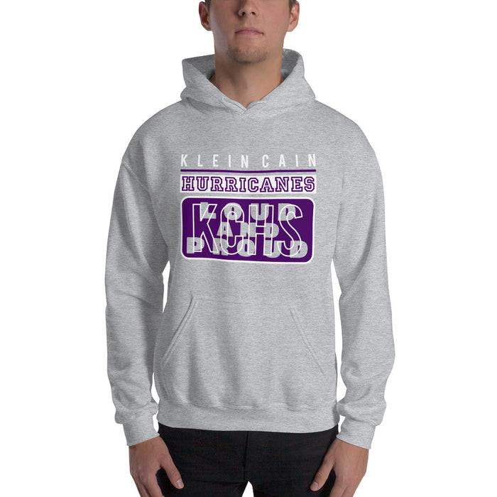 Man wearing a Klein Cain High School Hurricanes Sport Grey Classic Hoodie 86