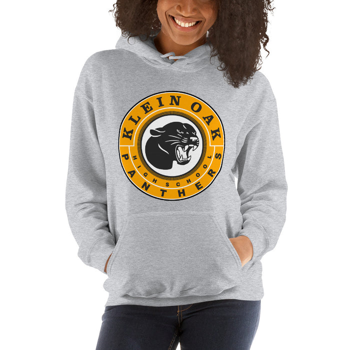 Woman wearing a Klein Oak High School Panthers Sport Grey Classic Unisex Hoodie 02