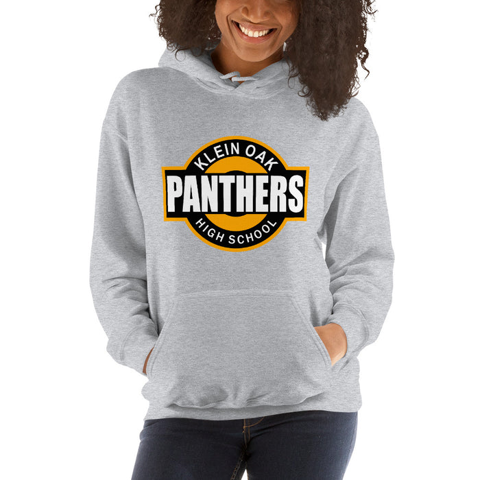 Woman wearing a Klein Oak High School Panthers Sport Grey Classic Unisex Hoodie 11