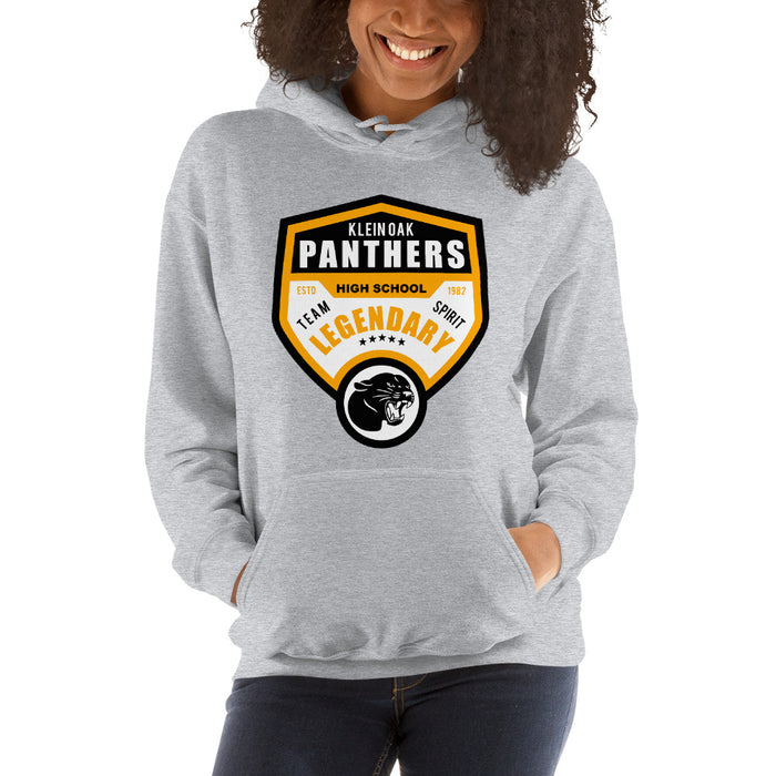 Woman wearing a Klein Oak High School Panthers Sport Grey Classic Unisex Hoodie 14