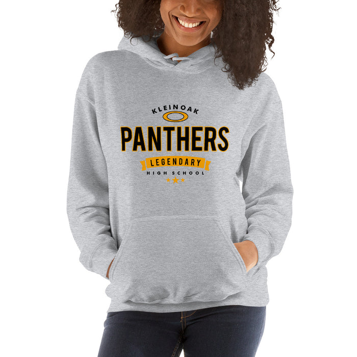 Woman wearing a Klein Oak High School Panthers Sport Grey Classic Unisex Hoodie 44