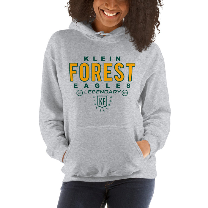 Woman wearing a Klein Forest High School Sport Grey Classic Unisex Hoodie 03