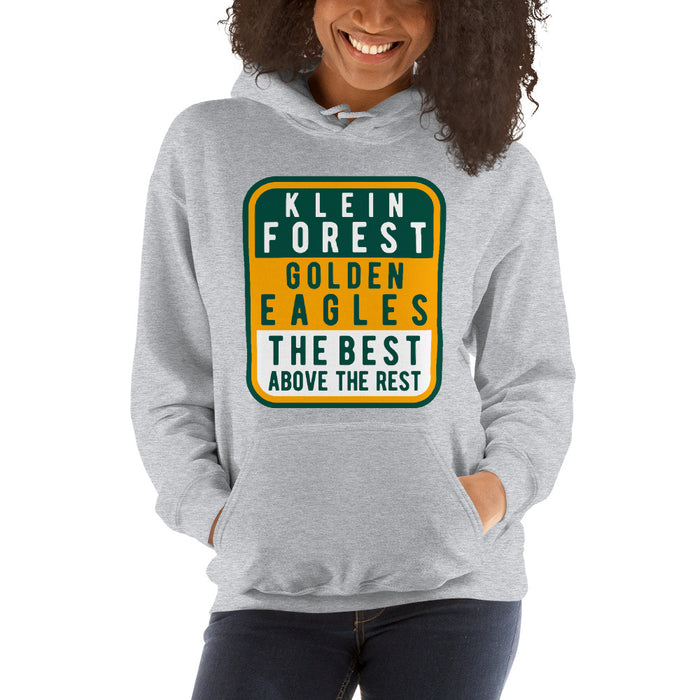 Woman wearing a Klein Forest High School Sport Grey Classic Unisex Hoodie 01