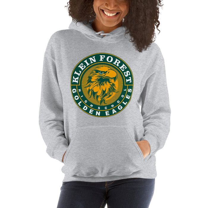 Woman wearing a Klein Forest High School Sport Grey Classic Unisex Hoodie 02