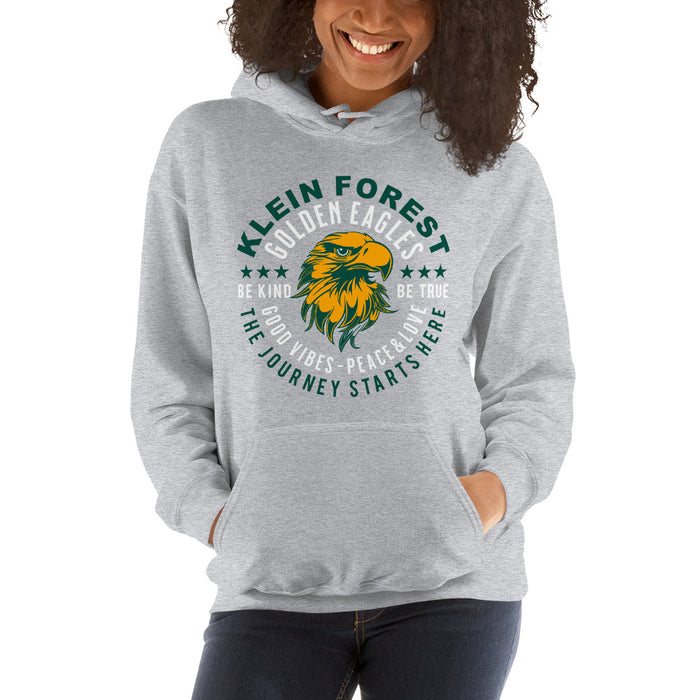 Woman wearing a Klein Forest High School Sport Grey Classic Unisex Hoodie 16