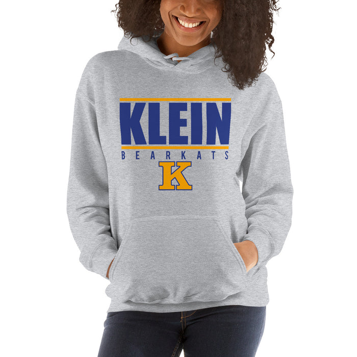 Woman wearing a Klein High School Bearkats Sport Grey Classic Unisex Hoodie 07