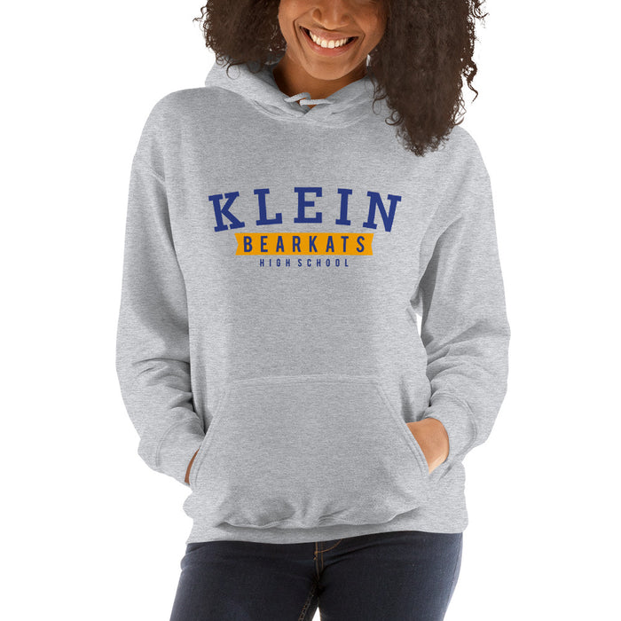 Woman wearing a Klein High School Bearkats Sport Grey Classic Unisex Hoodie 21