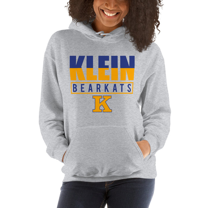 Woman wearing a Klein High School Bearkats Sport Grey Classic Unisex Hoodie 29