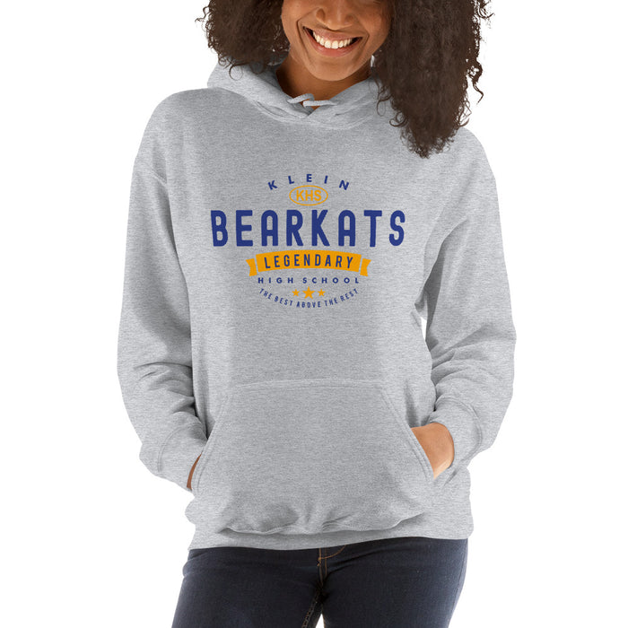 Woman wearing a Klein High School Bearkats Sport Grey Classic Unisex Hoodie 44