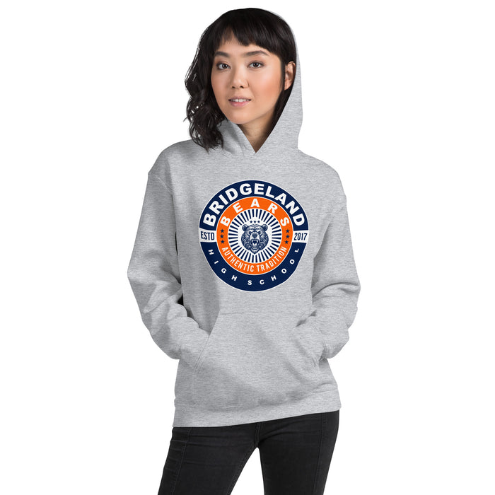 Woman wearing a Bridgeland High School Bears Sport Grey Classic Unisex Hoodie 30