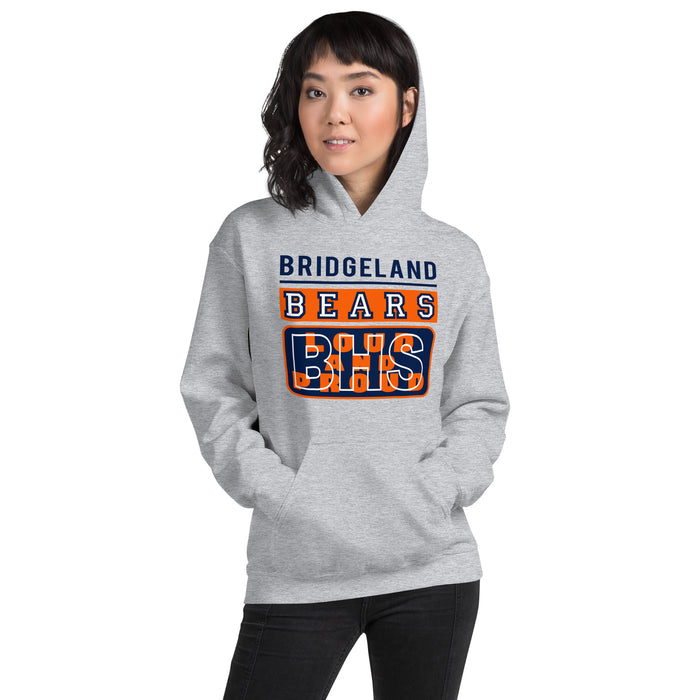 Woman wearing a Bridgeland High School Bears Sport Grey Classic Unisex Hoodie 86