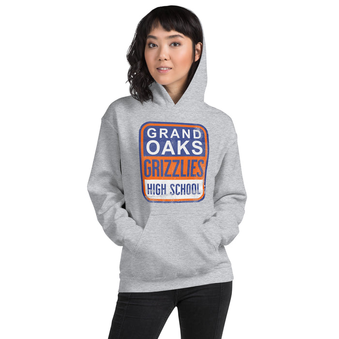 Woman wearing a Grand Oaks High School Grizzlies Sport Grey Classic Unisex Hoodie 01