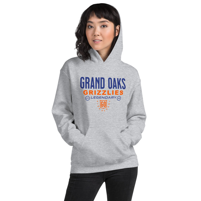 Woman wearing a Grand Oaks High School Grizzlies Sport Grey Classic Unisex Hoodie 03