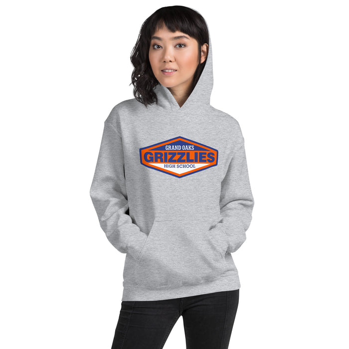 Woman wearing a Grand Oaks High School Grizzlies Sport Grey Classic Unisex Hoodie 09