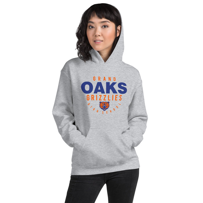 Woman wearing a Grand Oaks High School Grizzlies Sport Grey Classic Unisex Hoodie 12