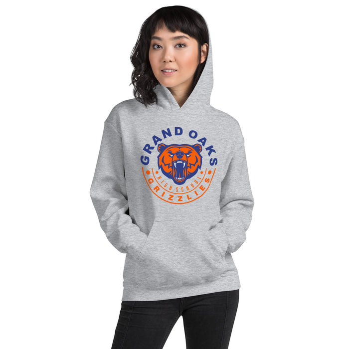 Woman wearing a Grand Oaks High School Grizzlies Sport Grey Classic Unisex Hoodie 19