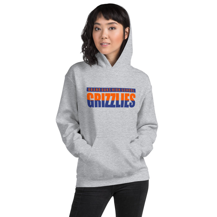 Woman wearing a Grand Oaks High School Grizzlies Sport Grey Classic Unisex Hoodie 25