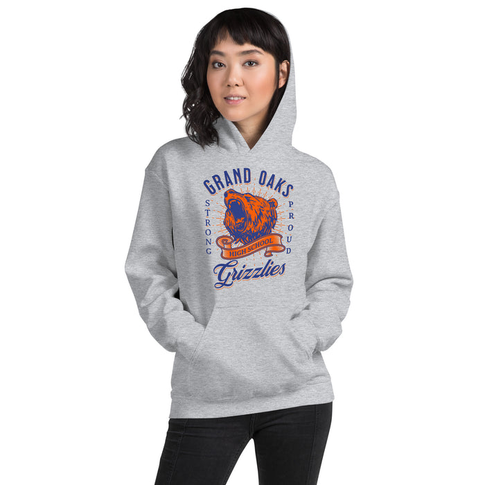 Woman wearing a Grand Oaks High School Grizzlies Sport Grey Classic Unisex Hoodie 26