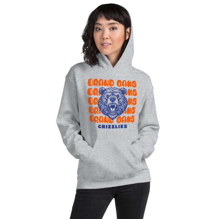 Woman wearing a Grand Oaks High School Grizzlies Sport Grey Classic Unisex Hoodie 28