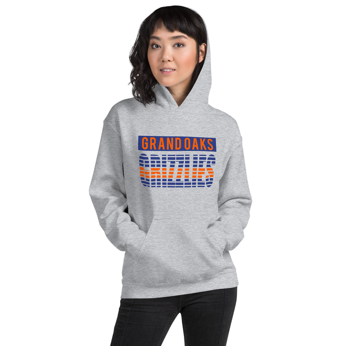 Woman wearing a Grand Oaks High School Grizzlies Sport Grey Classic Unisex Hoodie 35