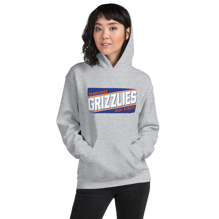 Woman wearing a Grand Oaks High School Grizzlies Sport Grey Classic Unisex Hoodie 84