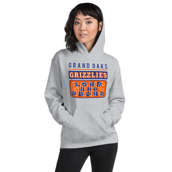 Woman wearing a Grand Oaks High School Grizzlies Sport Grey Classic Unisex Hoodie 86