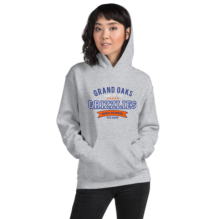 Woman wearing a Grand Oaks High School Grizzlies Sport Grey Classic Unisex Hoodie 96