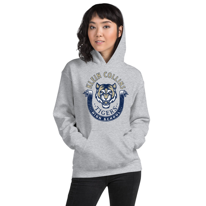 Woman wearing a Klein Collins High School Tigers Sport Grey Classic Unisex Hoodie 204