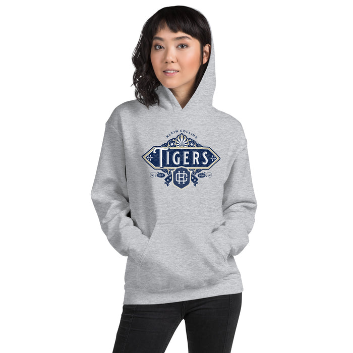 Woman wearing a Klein Collins High School Tigers Sport Grey Classic Unisex Hoodie 214