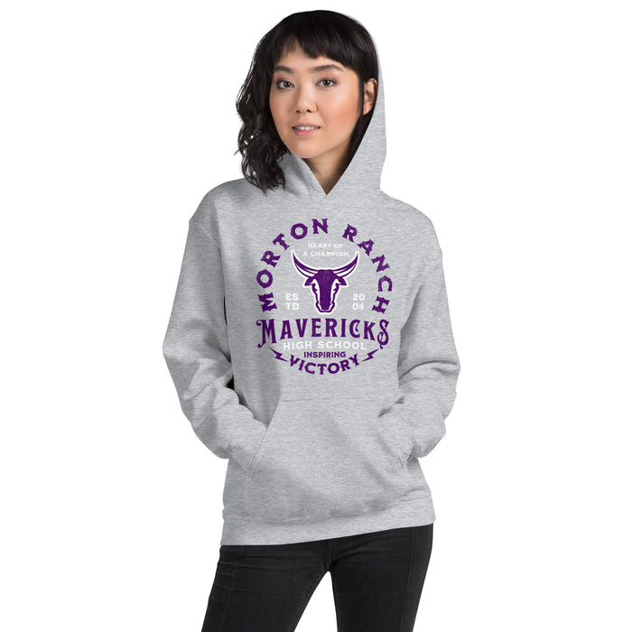 Woman wearing a Morton Ranch High School Mavericks Sport Grey Classic Unisex Hoodie 219