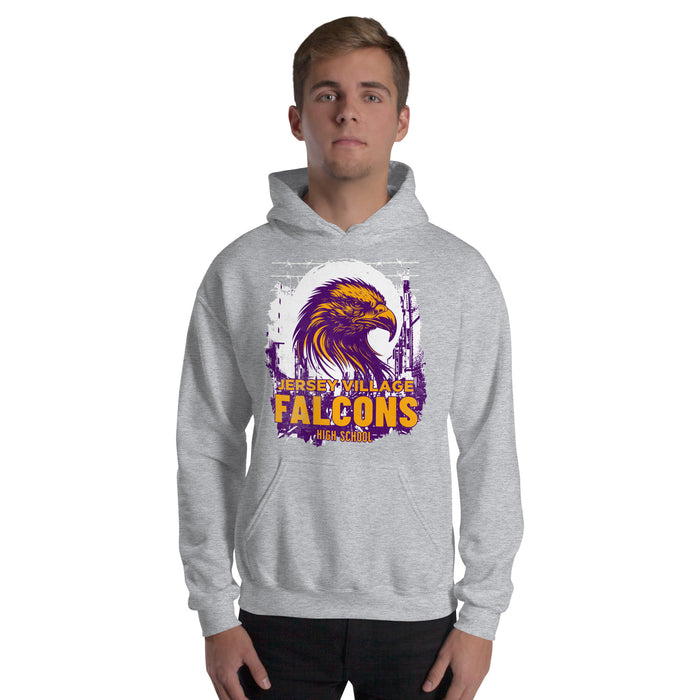 Man wearing a Jersey Village High School Falcons Sport Grey Classic Unisex Hoodie 202