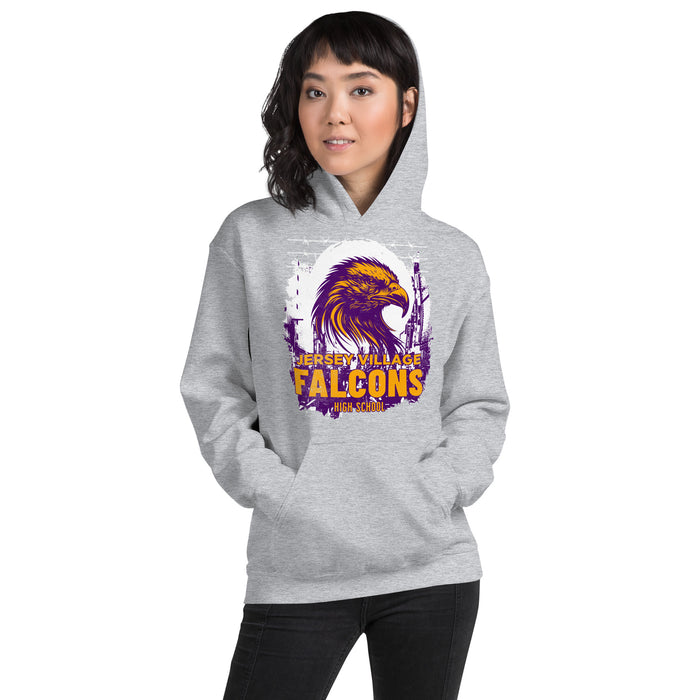 Woman wearing a Jersey Village High School Falcons Sport Grey Classic Unisex Hoodie 202