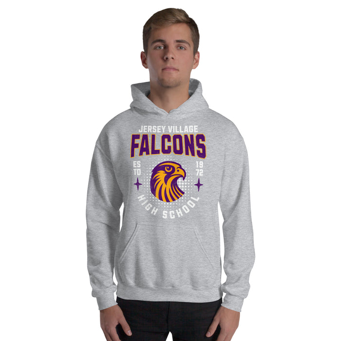 Man wearing a Jersey Village High School Falcons Sport Grey Classic Unisex Hoodie 203