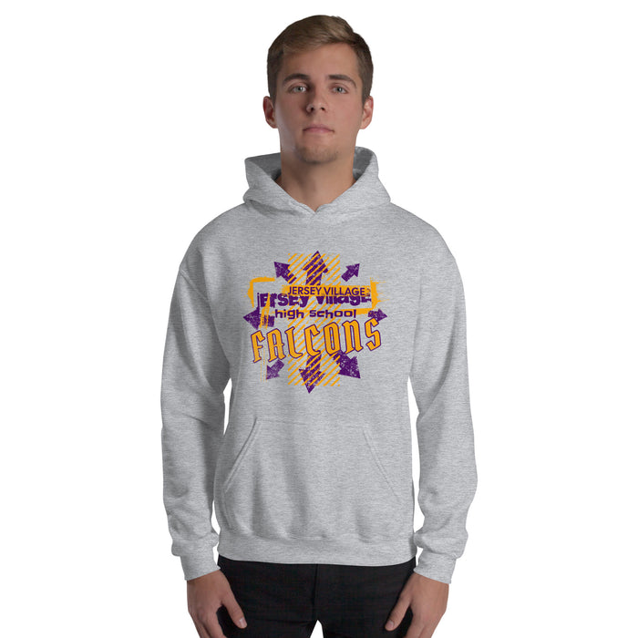 Man wearing a Jersey Village High School Falcons Sport Grey Classic Unisex Hoodie 205