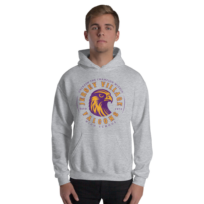 Man wearing a Jersey Village High School Falcons Sport Grey Classic Unisex Hoodie 211