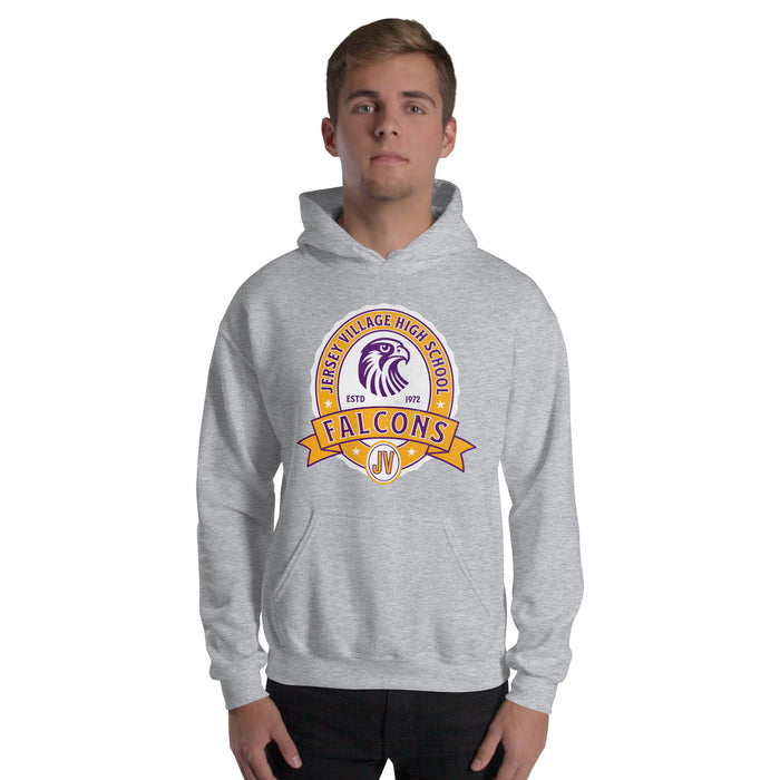 Man wearing a Jersey Village High School Falcons Sport Grey Classic Unisex Hoodie 213