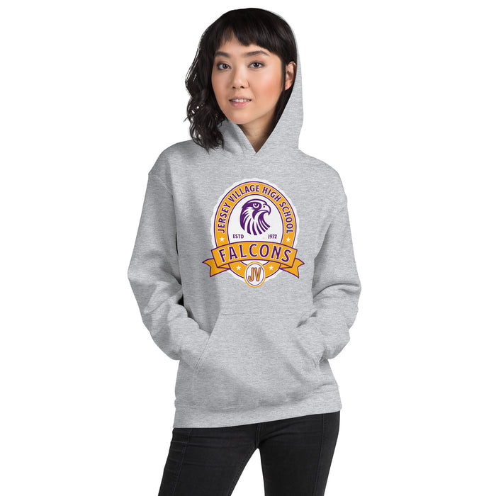 Woman wearing a Jersey Village High School Falcons Sport Grey Classic Unisex Hoodie 213