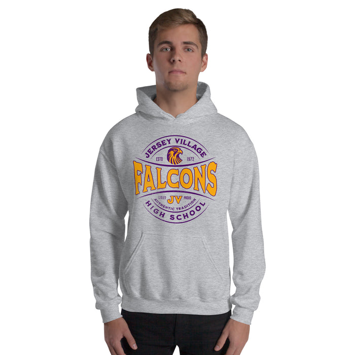 Man wearing a Jersey Village High School Falcons Sport Grey Classic Unisex Hoodie 217