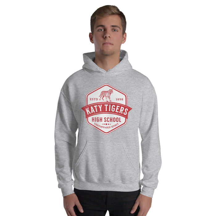 Man wearing a Katy High School Tigers Sport Grey Classic Unisex Hoodie 205