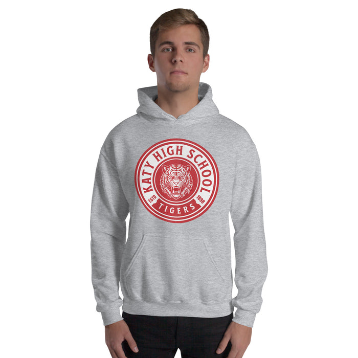 Man wearing a Katy High School Tigers Sport Grey Classic Unisex Hoodie 210