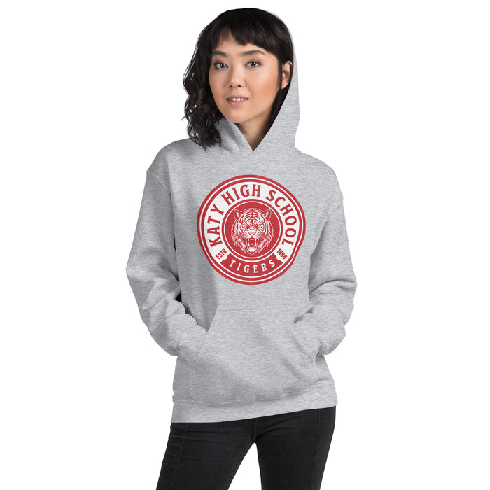 Woman wearing a Katy High School Tigers Sport Grey Classic Unisex Hoodie 210