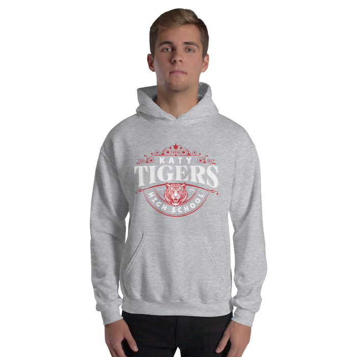 Man wearing a Katy High School Tigers Sport Grey Classic Unisex Hoodie 211