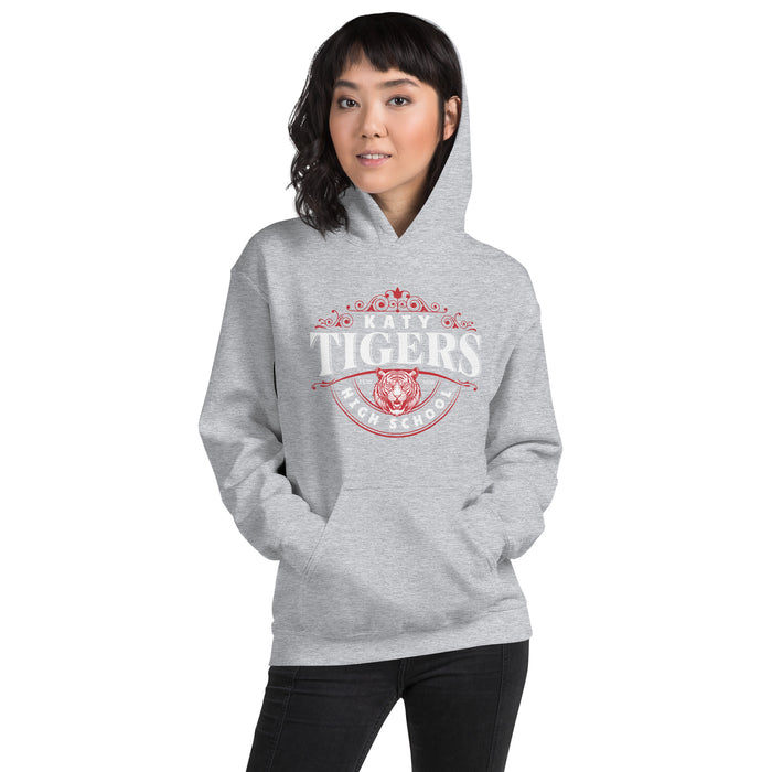 Woman wearing a Katy High School Tigers Sport Grey Classic Unisex Hoodie 211